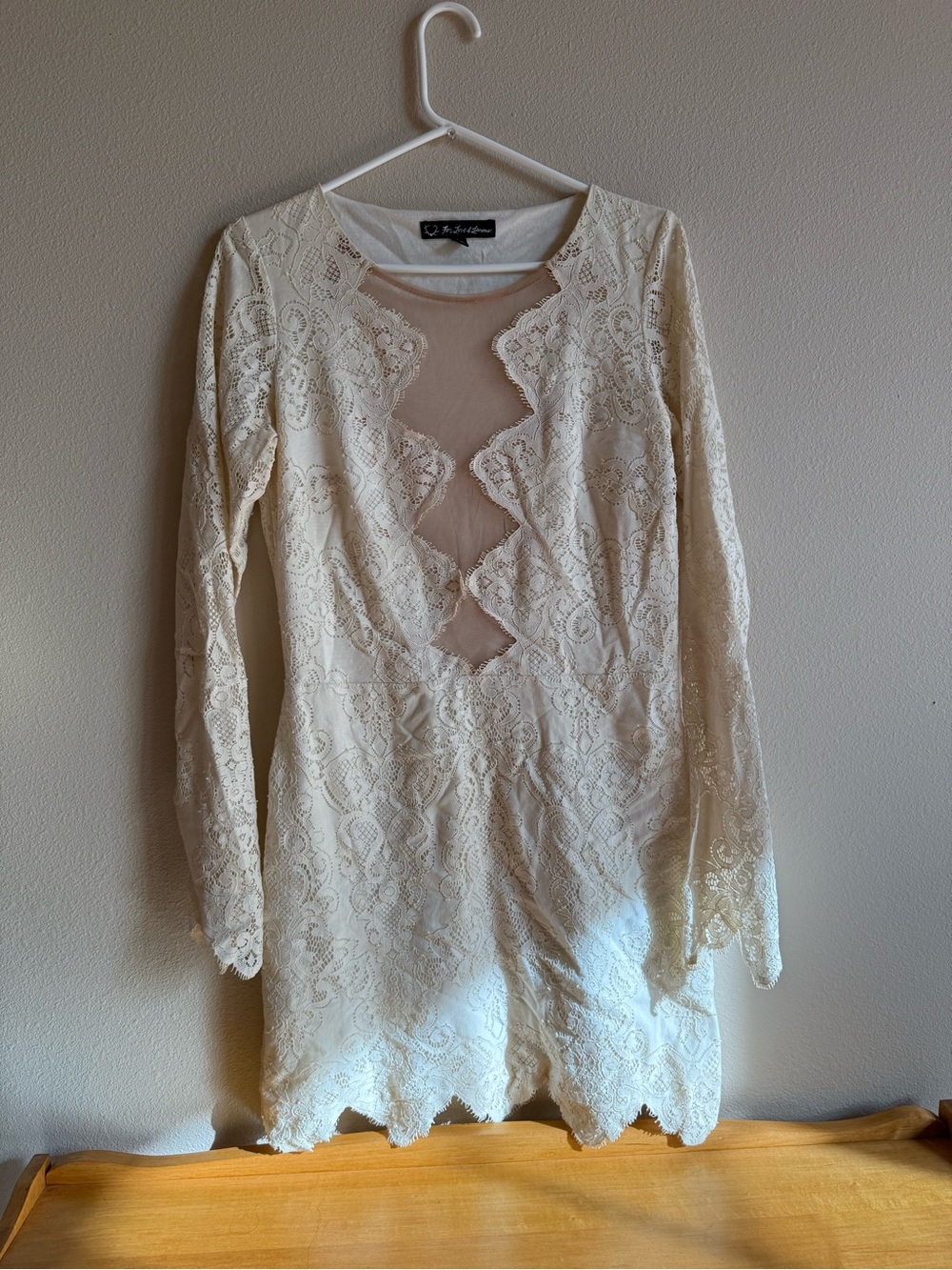 For Love & Lemons Cream Long-Sleeve Lace Dress with Sheer Keyhole